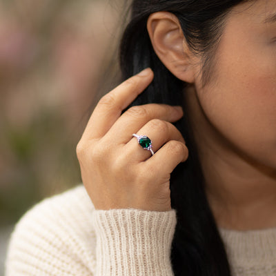 14K White Gold Created Emerald Ring Cushion Checkerboard Cut 2.00 Carats