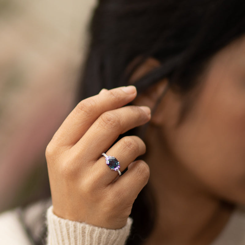 14K White Gold Created Alexandrite Ring Cushion Checkerboard Cut 2.50 Carats