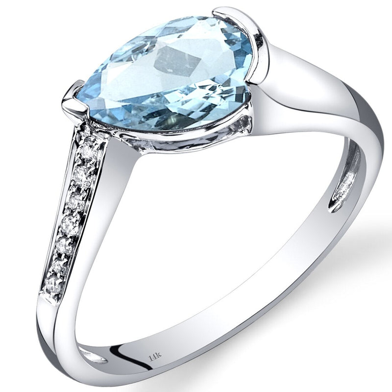 14K White Gold Aquamarine Diamond Tear Drop Ring 1.29 Carats Total