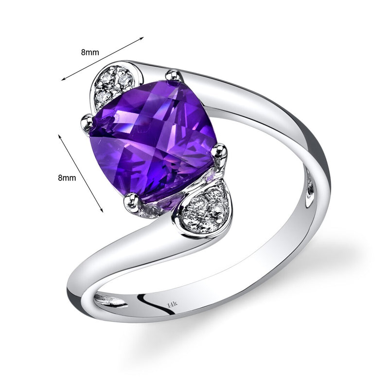 14K White Gold Amethyst Diamond Bypass Ring Cushion Cut 2.08 Carats Total