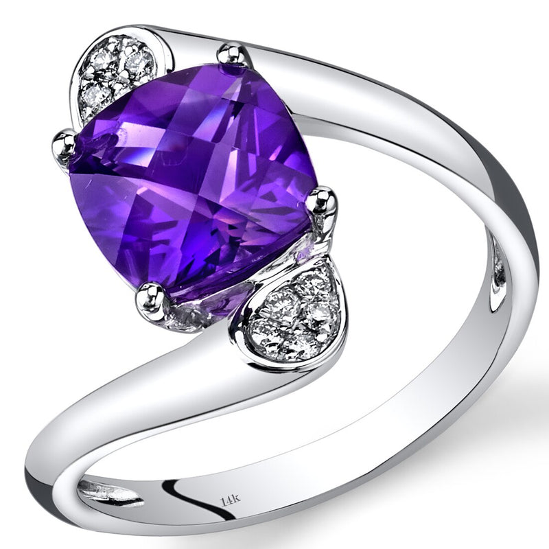 14K White Gold Amethyst Diamond Bypass Ring Cushion Cut 2.08 Carats Total