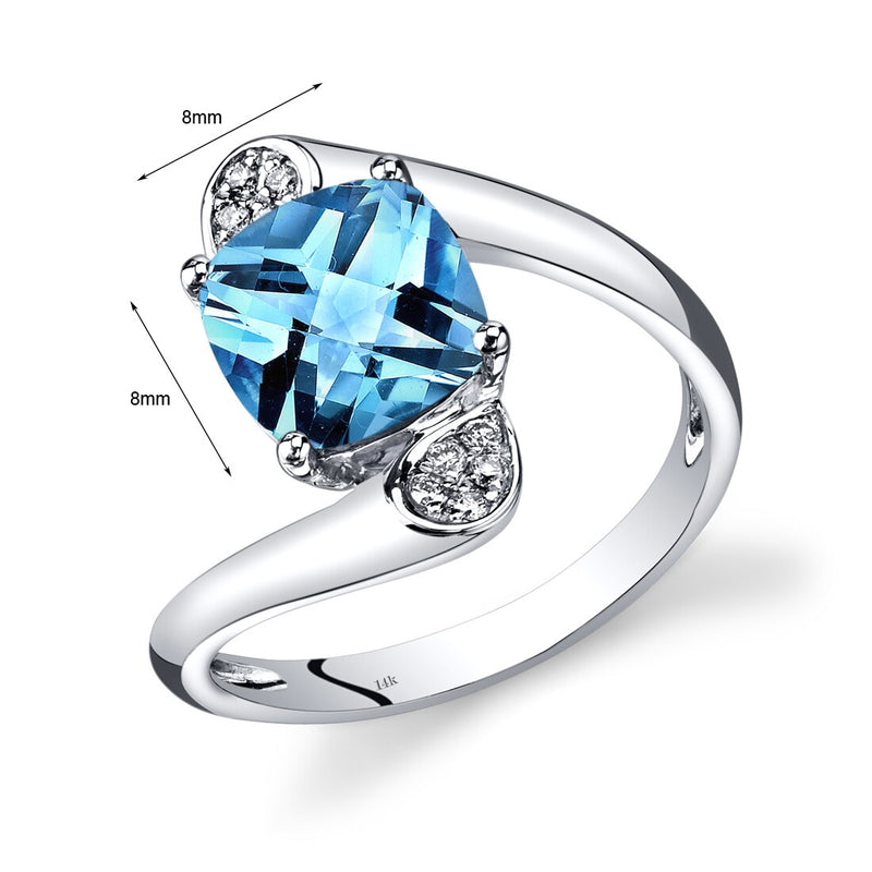 14K White Gold Swiss Blue Topaz Diamond Bypass Ring Cushion Cut 2.33 Carats Total
