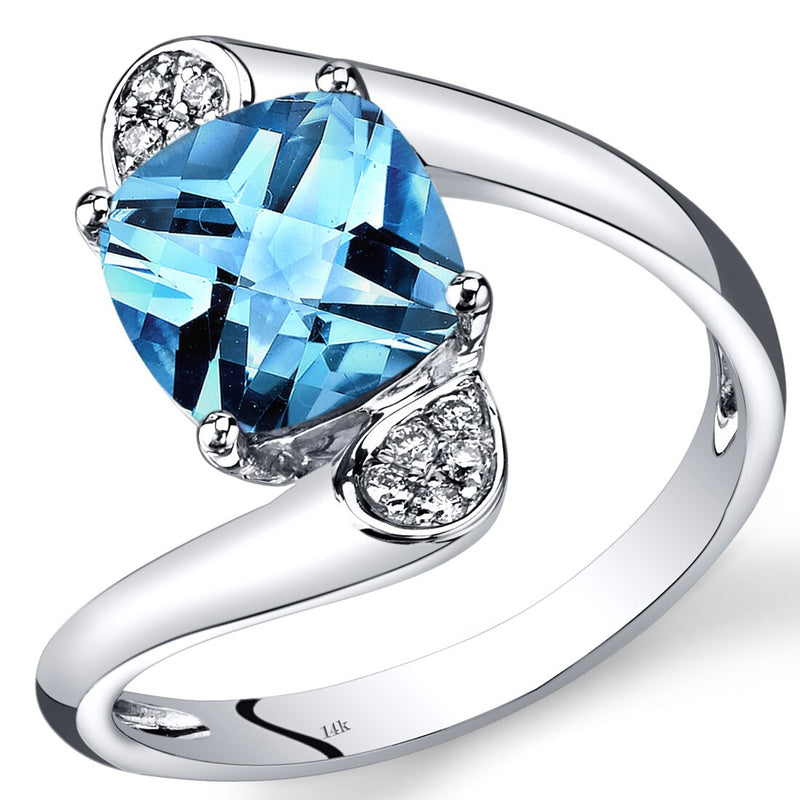 14K White Gold Swiss Blue Topaz Diamond Bypass Ring Cushion Cut 2.33 Carats Total