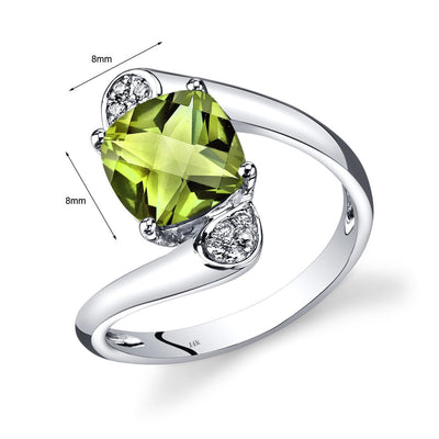 14K White Gold Peridot Diamond Bypass Ring Cushion Cut 2.33 Carats Total R62590