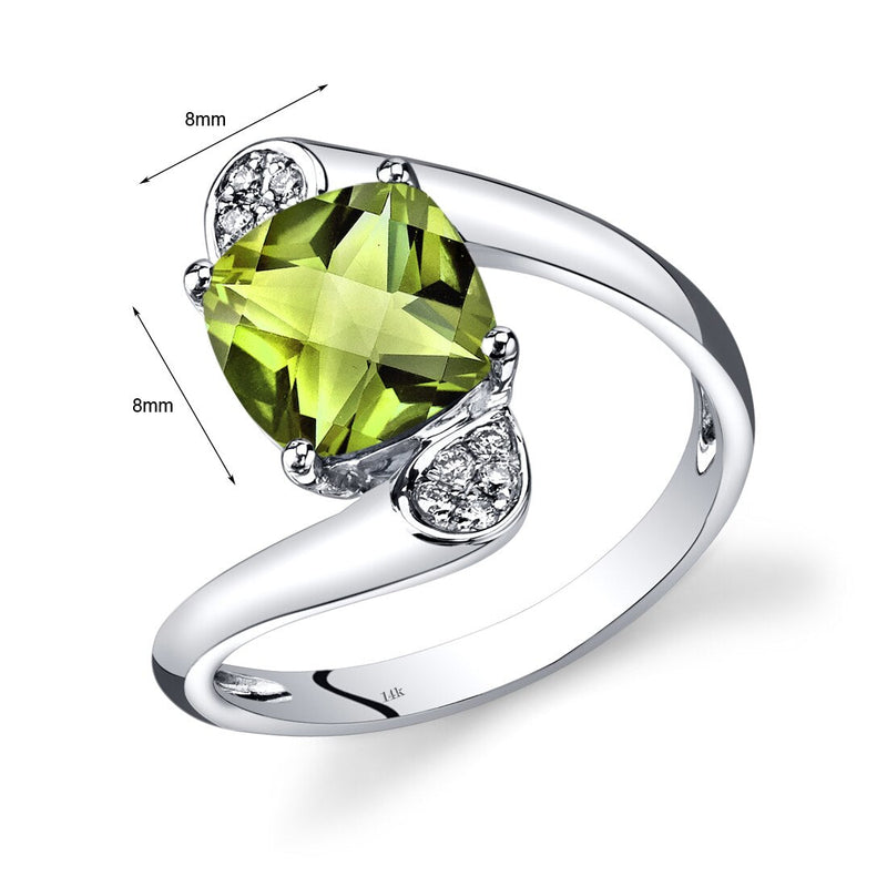 14K White Gold Peridot Diamond Bypass Ring Cushion Cut 2.33 Carats Total R62590