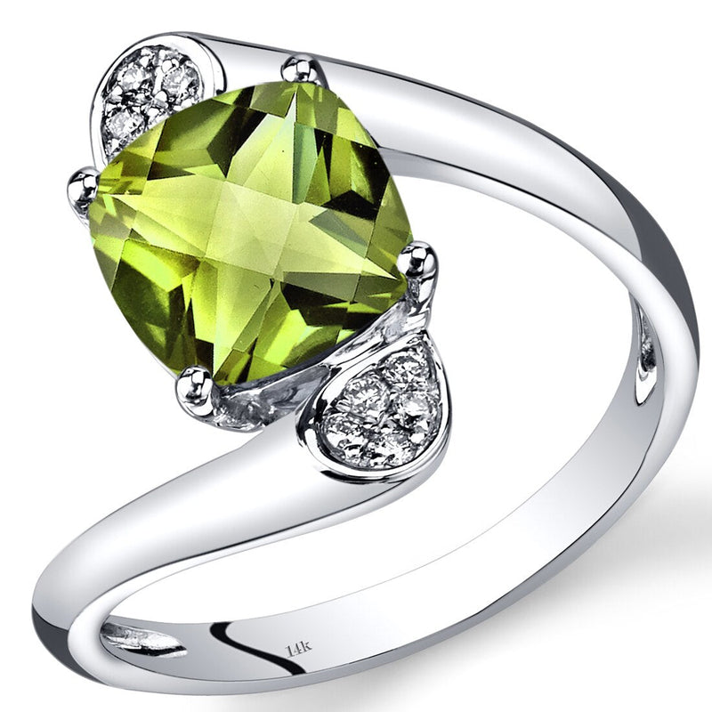 14K White Gold Peridot Diamond Bypass Ring Cushion Cut 2.33 Carats Total R62590