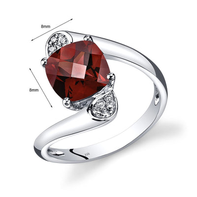 14K White Gold Garnet Diamond Bypass Ring Cushion Cut 3.08 Carats Total