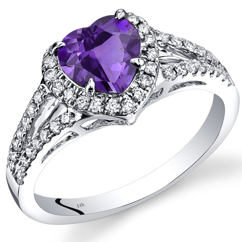 14K White Gold Amethyst Diamond Halo Ring Heart Shape 1.65 Carats Total