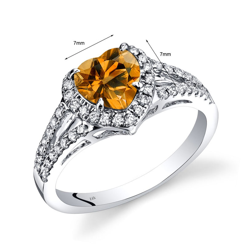 14K White Gold Citrine Diamond Halo Ring Heart Shape 1.40 Carats Total