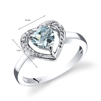 14K White Gold Aquamarine Diamond Heart Shape Promise Ring 0.75 Carats Total