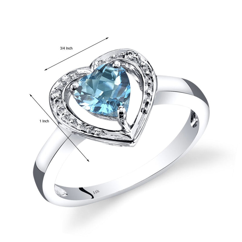 14K White Gold Swiss Blue Topaz Diamond Heart Shape Promise Ring 1 Carats Total