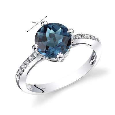 14K White Gold London Blue Topaz Solitaire Diamond Accent Ring 2.5 Carats Total