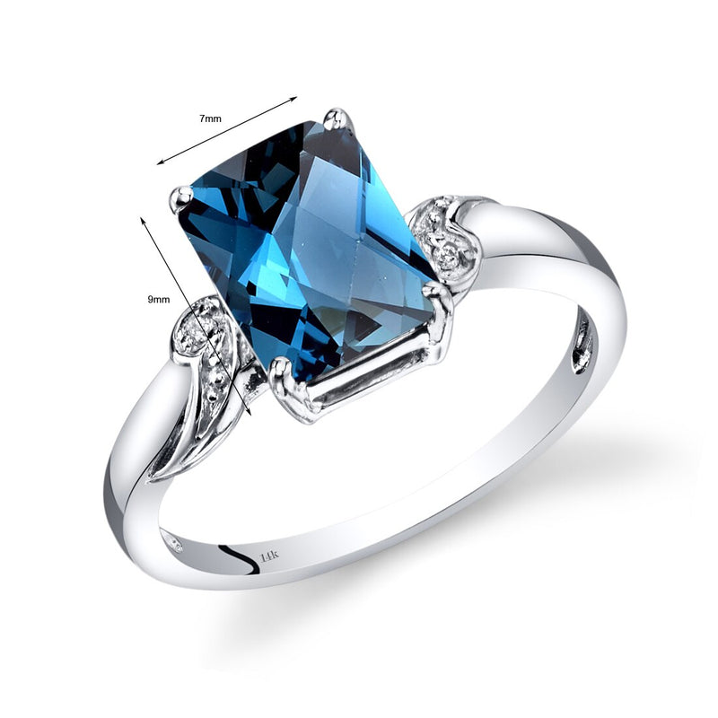 14K White Gold London Blue Topaz Diamond Ring Radiant Checkerboard Cut 2.5 Carats Total