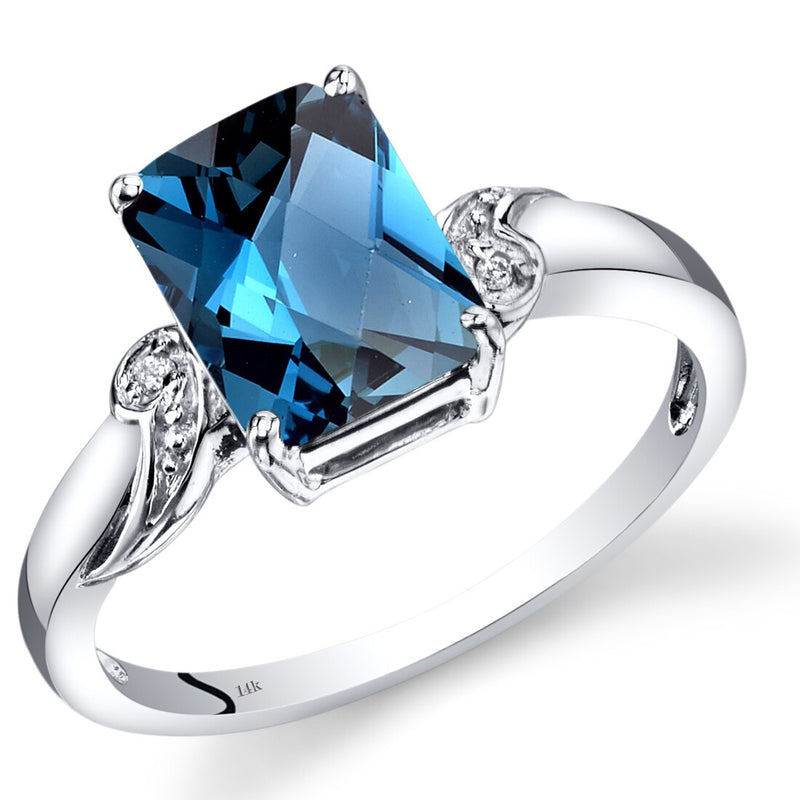 14K White Gold London Blue Topaz Diamond Ring Radiant Checkerboard Cut 2.5 Carats Total