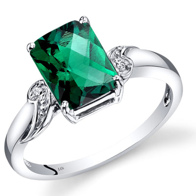 14K White Gold Created Emerald Diamond Ring Radiant Checkerboard Cut 2 Carats Total