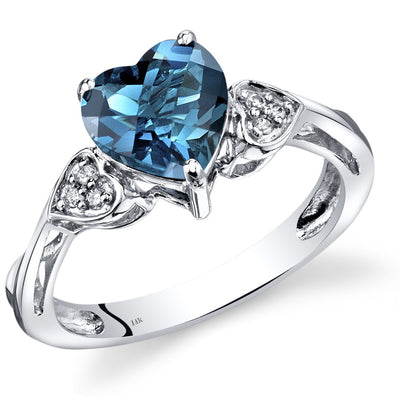 14K White Gold London Blue Topaz Heart Shape Diamond Ring Classic Style 2 Carats Total