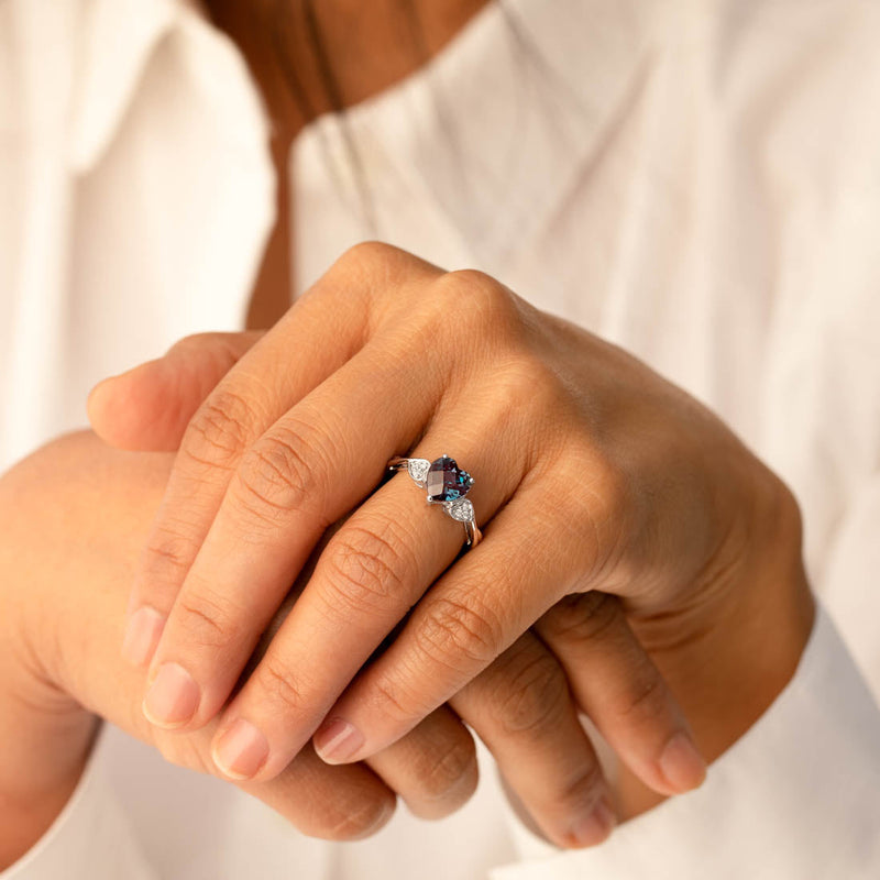 14K White Gold Created Alexandrite Heart Shape Diamond Ring Classic Style 2.25 Carats Total