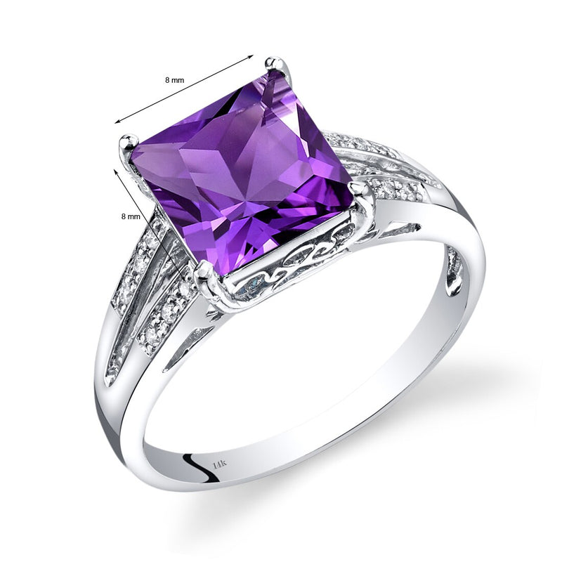 14K White Gold Amethyst Diamond Ring Princess Cut 2 Carats Total