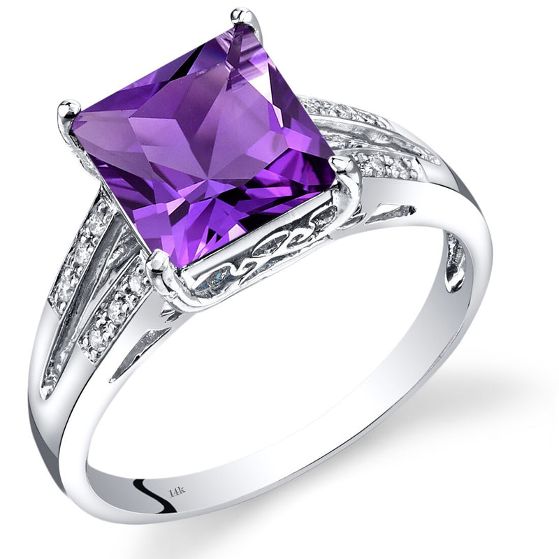 14K White Gold Amethyst Diamond Ring Princess Cut 2 Carats Total