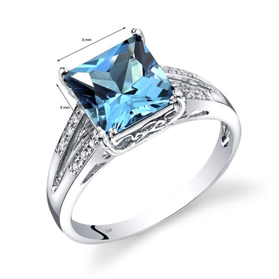 14K White Gold Swiss Blue Topaz Diamond Ring Princess Cut 3 Carats Total