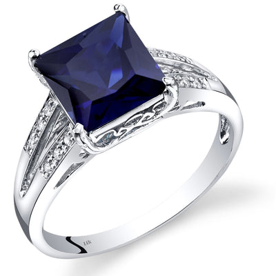 14K White Gold Created Blue Sapphire Diamond Ring Princess Cut 3.25 Carats Total