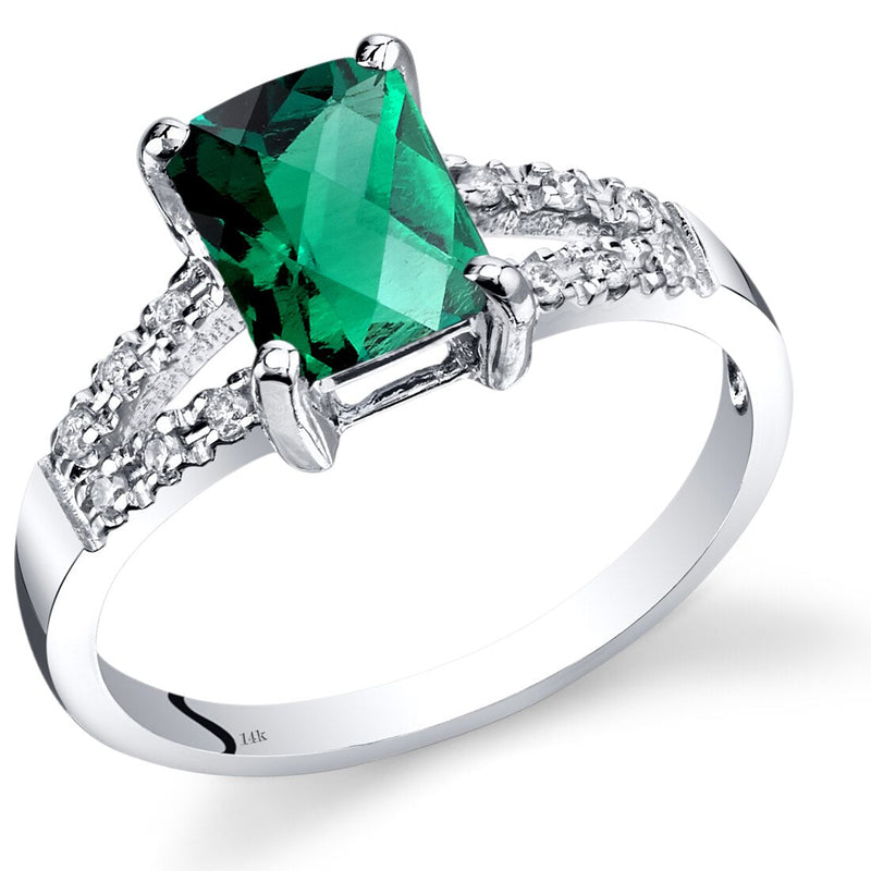 14K White Gold Created Emerald Diamond Venetian Ring 1.25 Carats Total