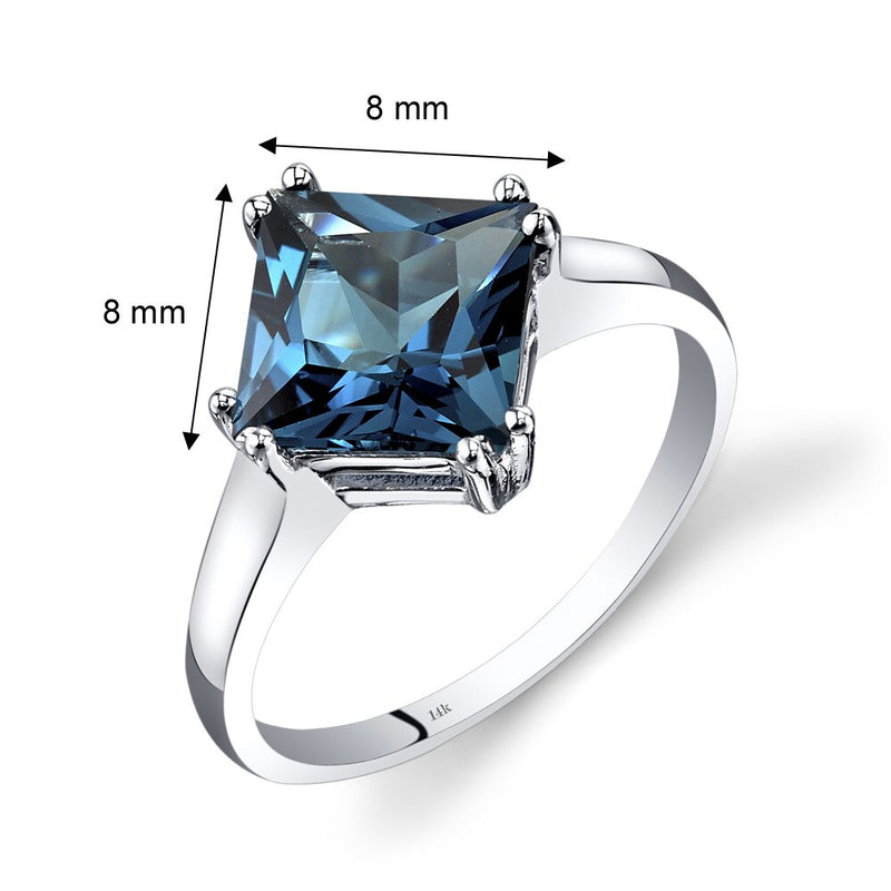 14K White Gold London Blue Topaz Solitaire Ring 2.75 Carats Princess Cut Sizes 5-9