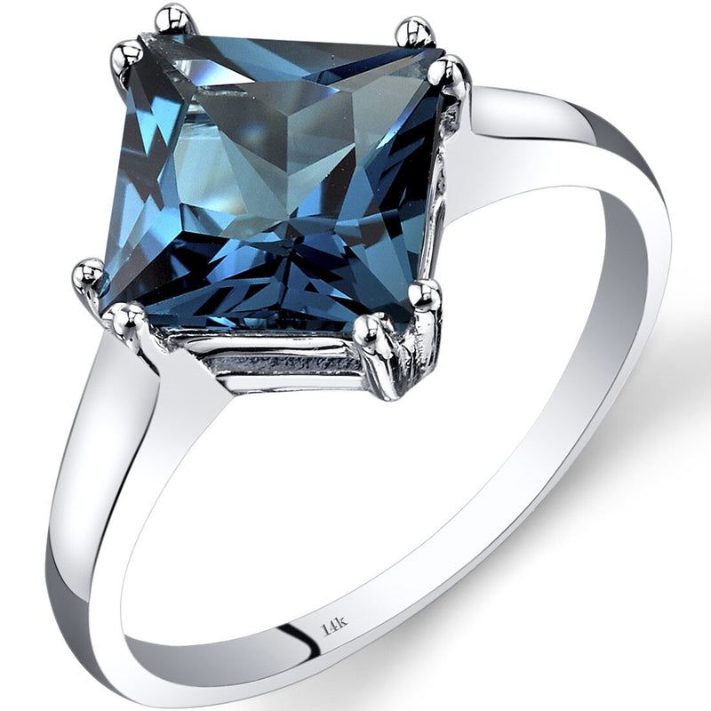 14K White Gold London Blue Topaz Solitaire Ring 2.75 Carats Princess Cut Sizes 5-9