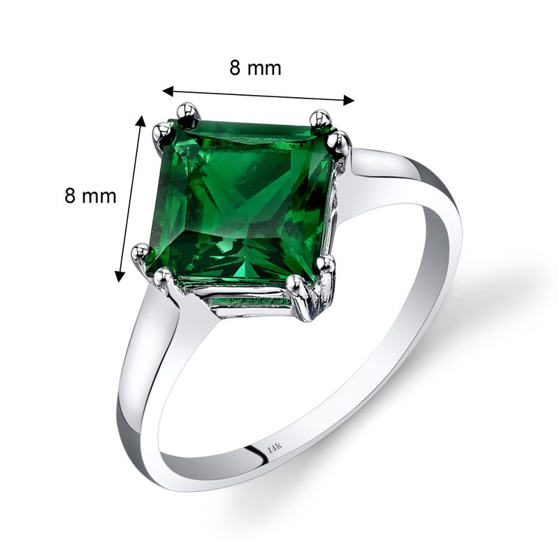 14K White Gold Created Emerald Solitaire Ring 2.00 Carats Princess Cut Sizes 5-9