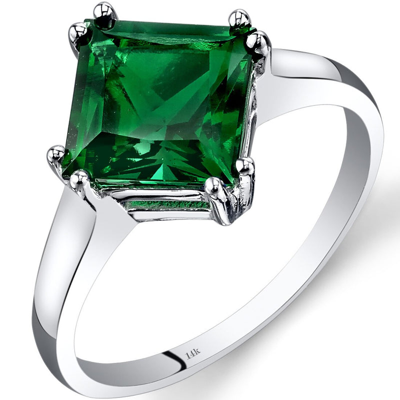 14K White Gold Created Emerald Solitaire Ring 2.00 Carats Princess Cut Sizes 5-9