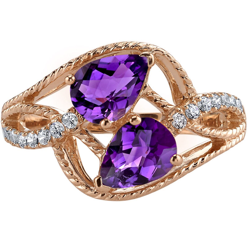 14K Rose Gold Two Stone Amethyst Ring Pear Shape 1.25 Carats Sizes 5-9