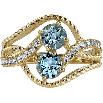 Two Stone Aquamarine Ring 14K Yellow Gold Round Shape 1 Carat