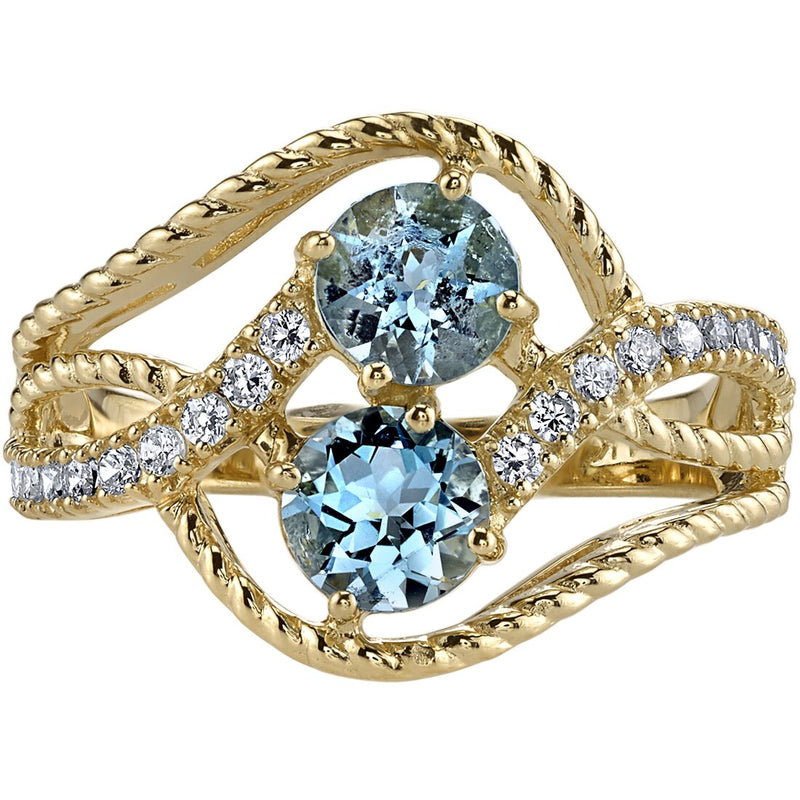 Two Stone Aquamarine Ring 14K Yellow Gold Round Shape 1 Carat