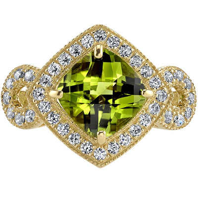 Peridot Ring 14K Yellow Goold Cushion Cut 2.50 Carats