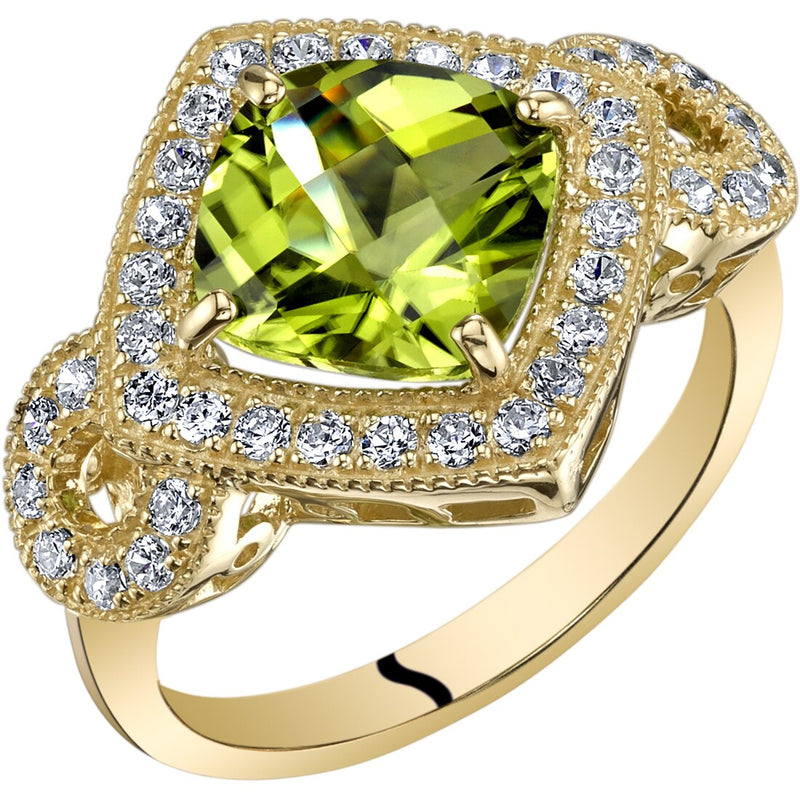 Peridot Ring 14K Yellow Goold Cushion Cut 2.50 Carats