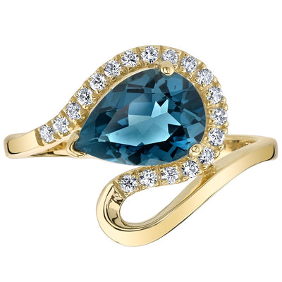 Genuine London Blue Topaz 14K Yellow Gold Pear-Shaped Swirl Ring 2 Carats