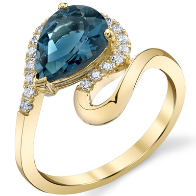 Genuine London Blue Topaz 14K Yellow Gold Pear-Shaped Swirl Ring 2 Carats