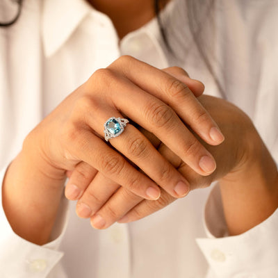 London Blue Topaz Cushion Cocktail Ring in 14K White Gold 3.50 Carats