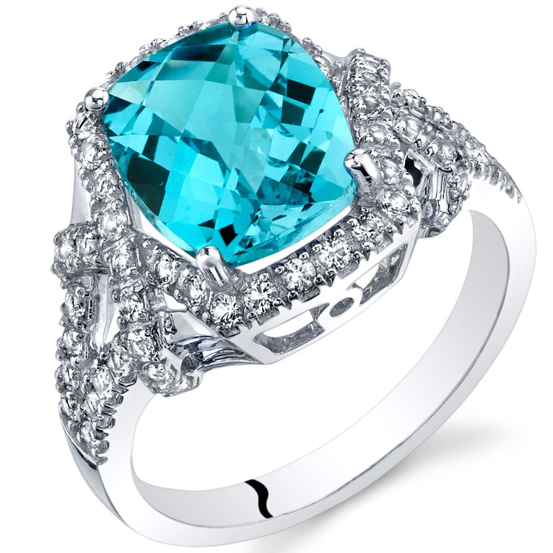 Swiss Blue Topaz Cushion Cocktail Ring in 14K White Gold 3.50 Carats