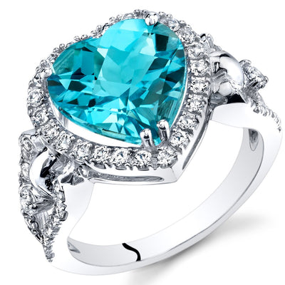 Swiss Blue Topaz Heart Shape Halo Ring in 14K White Gold 4 Carats