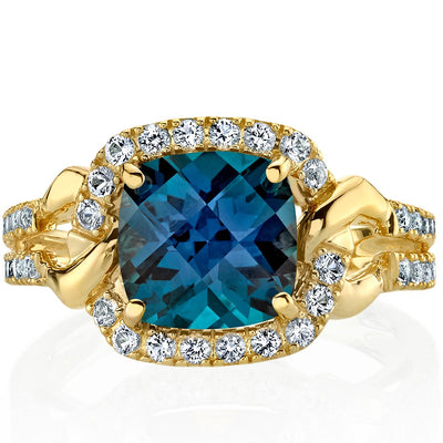 Created Alexandrite Cushion Halo Ring in 14K Yellow Gold 2.50 Carats Cushion Cut