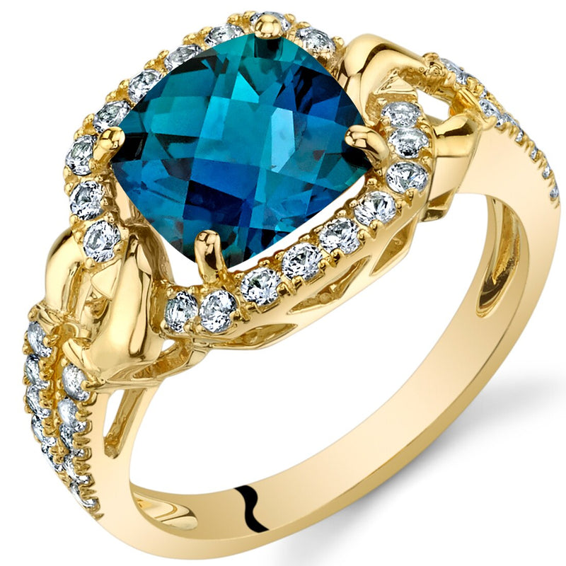 Created Alexandrite Cushion Halo Ring in 14K Yellow Gold 2.50 Carats Cushion Cut