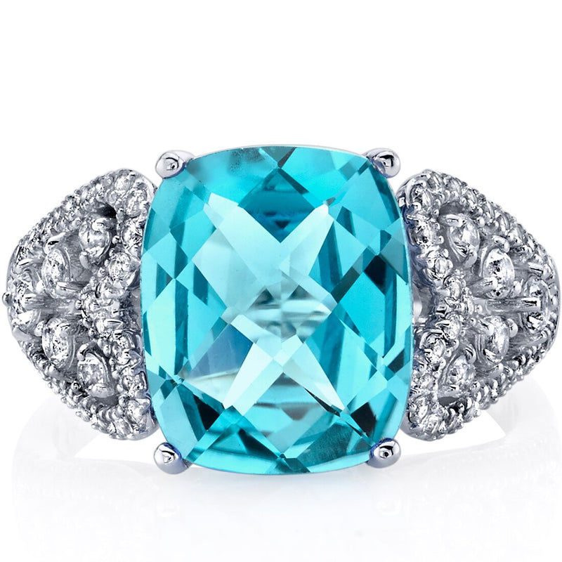 Swiss Blue Topaz Opulent Ring in 14K White Gold 4.50 Carats Cushion Cut