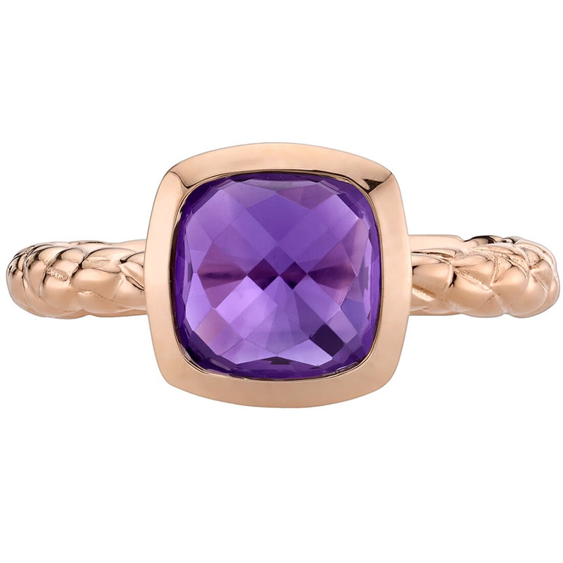 14K Rose Gold Amethyst Cushion Cut Woven Solitaire Dome Ring 2 Carats