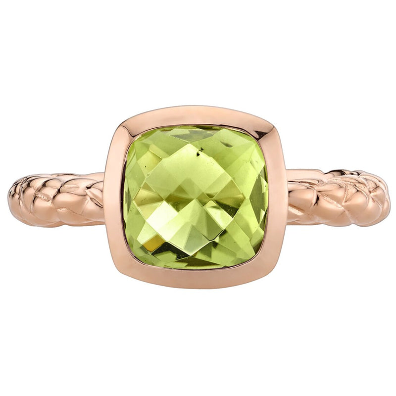 14K Rose Gold Peridot Cushion Cut Woven Solitaire Dome Ring 2 Carats