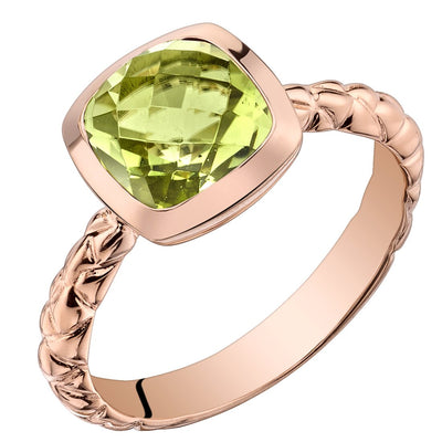 14K Rose Gold Peridot Cushion Cut Woven Solitaire Dome Ring 2 Carats