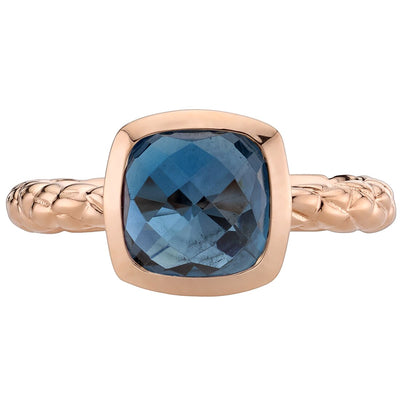 14K Rose Gold London Blue Topaz Cushion Cut Woven Solitaire Dome Ring 2.50 Carats