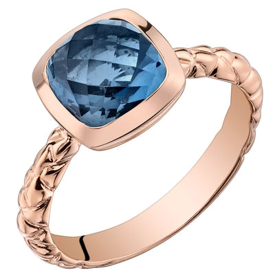 14K Rose Gold London Blue Topaz Cushion Cut Woven Solitaire Dome Ring 2.50 Carats