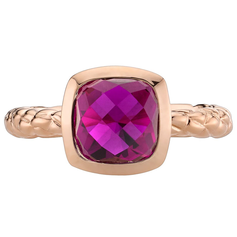 14K Rose Gold Created Ruby Cushion Cut Woven Solitaire Dome Ring 2.50 Carats