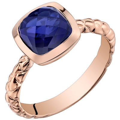 14K Rose Gold Created Blue Sapphire Cushion Cut Woven Solitaire Dome Ring 2.50 Carats